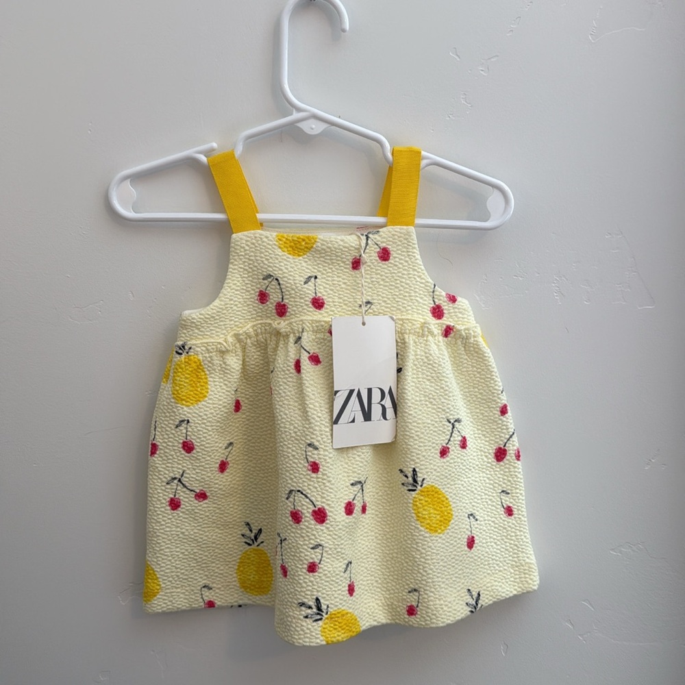 Zara baby girl yellow summer dress waffle texture cherries and pineapples print